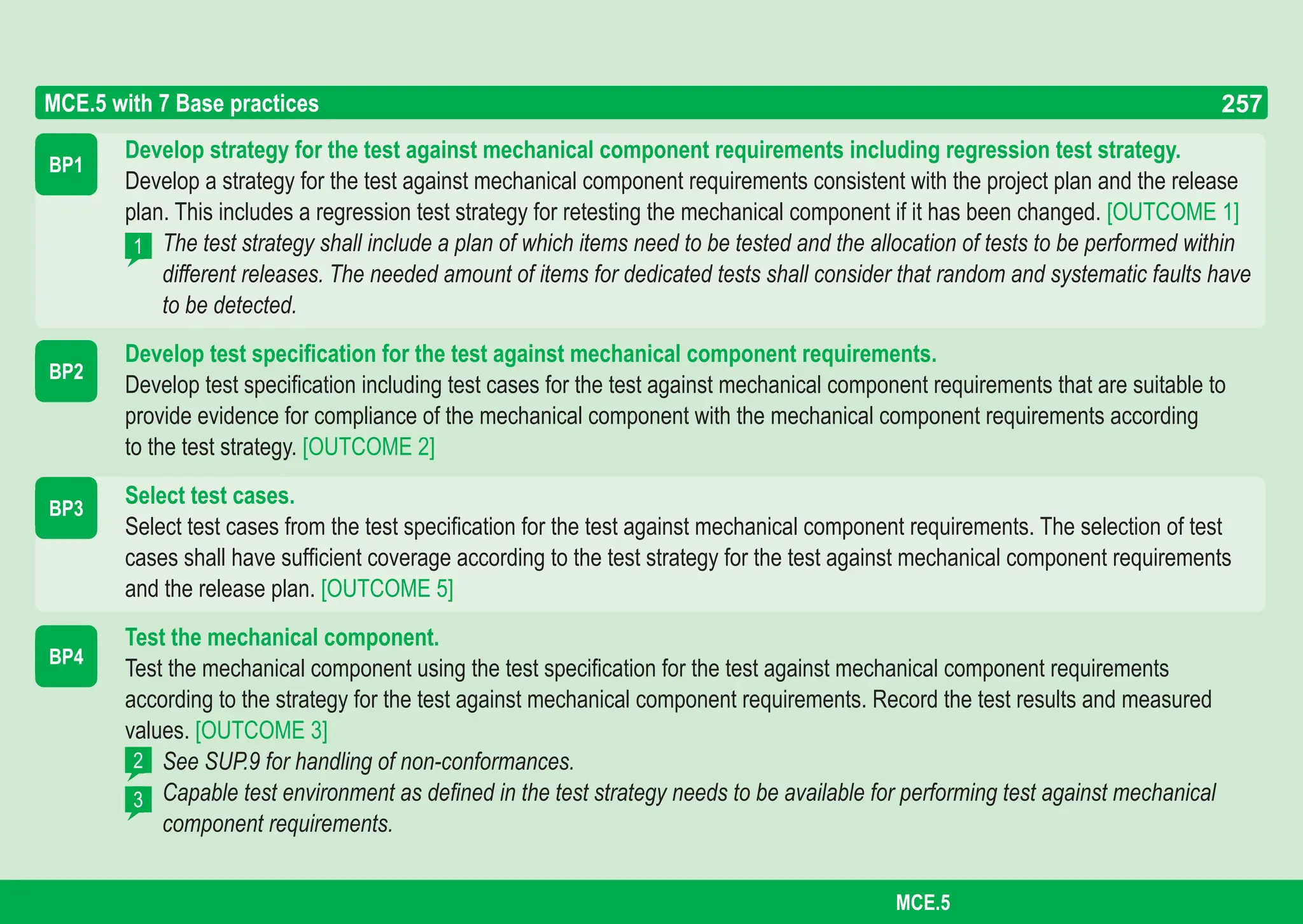 257
ASPICE GUIDE
Develop strategy for the test against mechanical component requirements including regression test strategy.
Develop a strategy for the test against mechanical component requirements consistent with the project plan and the release
plan. This includes a regression test strategy for retesting the mechanical component if it has been changed. [OUTCOME 1]
The test strategy shall include a plan of which items need to be tested and the allocation of tests to be performed within
different releases. The needed amount of items for dedicated tests shall consider that random and systematic faults have
to be detected.
Develop test specification for the test against mechanical component requirements.
Develop test specification including test cases for the test against mechanical component requirements that are suitable to
provide evidence for compliance of the mechanical component with the mechanical component requirements according
to the test strategy. [OUTCOME 2]
Select test cases.
Select test cases from the test specification for the test against mechanical component requirements. The selection of test
cases shall have sufficient coverage according to the test strategy for the test against mechanical component requirements
and the release plan. [OUTCOME 5]
Test the mechanical component.
Test the mechanical component using the test specification for the test against mechanical component requirements
according to the strategy for the test against mechanical component requirements. Record the test results and measured
values. [OUTCOME 3]
See SUP.9 for handling of non-conformances.
Capable test environment as defined in the test strategy needs to be available for performing test against mechanical
component requirements.
BP1
MCE.5 with 7 Base practices
1
BP2
BP3
2
3
BP4
257
MCE.5
 