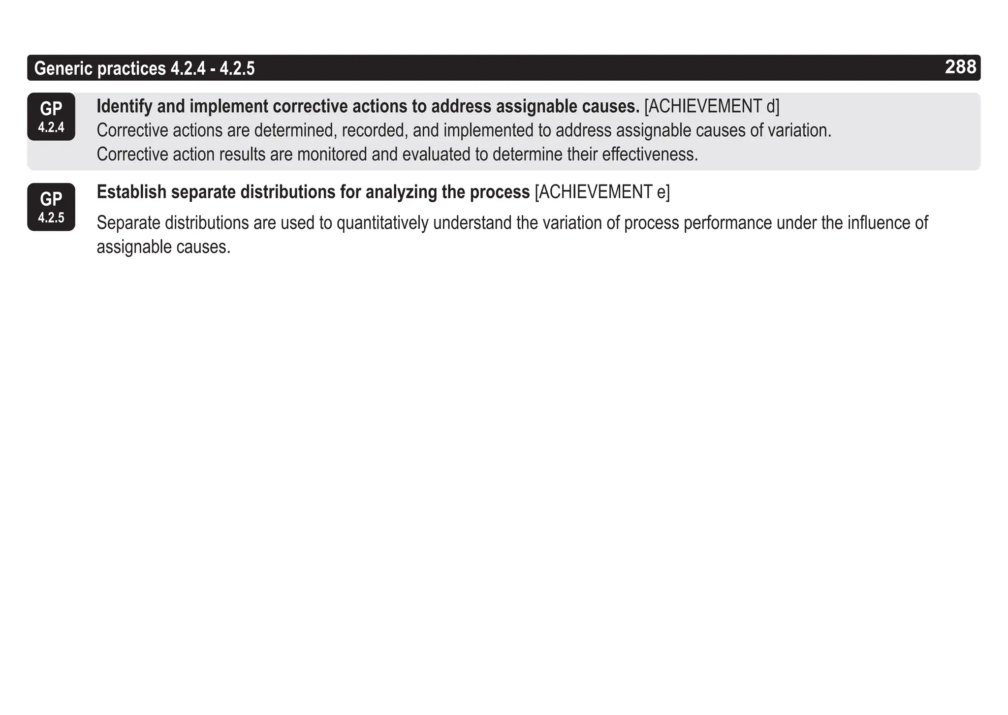 288
ASPICE GUIDE
Identify and implement corrective actions to address assignable causes. [ACHIEVEMENT d]
Corrective actions are determined, recorded, and implemented to address assignable causes of variation.
Corrective action results are monitored and evaluated to determine their effectiveness.
Establish separate distributions for analyzing the process [ACHIEVEMENT e]
Separate distributions are used to quantitatively understand the variation of process performance under the influence of
assignable causes.
Generic practices 4.2.4 - 4.2.5
GP
4.2.4
GP
4.2.5
288
 