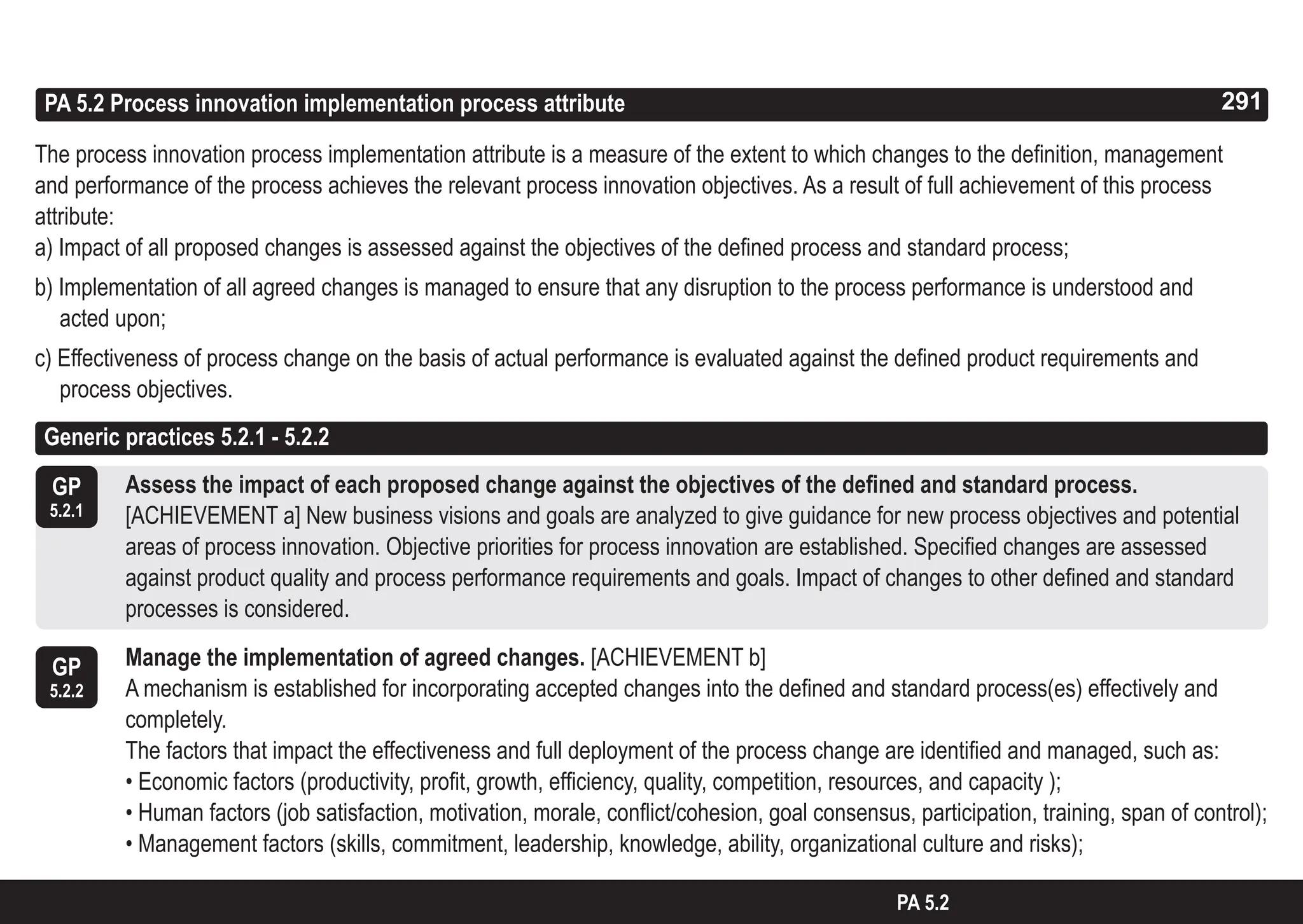 291
ASPICE GUIDE
PA 5.2 Process innovation implementation process attribute
The process innovation process implementation attribute is a measure of the extent to which changes to the definition, management
and performance of the process achieves the relevant process innovation objectives. As a result of full achievement of this process
attribute:
a) Impact of all proposed changes is assessed against the objectives of the defined process and standard process;
b) Implementation of all agreed changes is managed to ensure that any disruption to the process performance is understood and
acted upon;
c) Effectiveness of process change on the basis of actual performance is evaluated against the defined product requirements and
process objectives.
GP
5.2.1
GP
5.2.2
Assess the impact of each proposed change against the objectives of the defined and standard process.
[ACHIEVEMENT a] New business visions and goals are analyzed to give guidance for new process objectives and potential
areas of process innovation. Objective priorities for process innovation are established. Specified changes are assessed
against product quality and process performance requirements and goals. Impact of changes to other defined and standard
processes is considered.
Manage the implementation of agreed changes. [ACHIEVEMENT b]
A mechanism is established for incorporating accepted changes into the defined and standard process(es) effectively and
completely.
The factors that impact the effectiveness and full deployment of the process change are identified and managed, such as:
• Economic factors (productivity, profit, growth, efficiency, quality, competition, resources, and capacity );
• Human factors (job satisfaction, motivation, morale, conflict/cohesion, goal consensus, participation, training, span of control);
• Management factors (skills, commitment, leadership, knowledge, ability, organizational culture and risks);
291
PA 5.2
Generic practices 5.2.1 - 5.2.2
 
