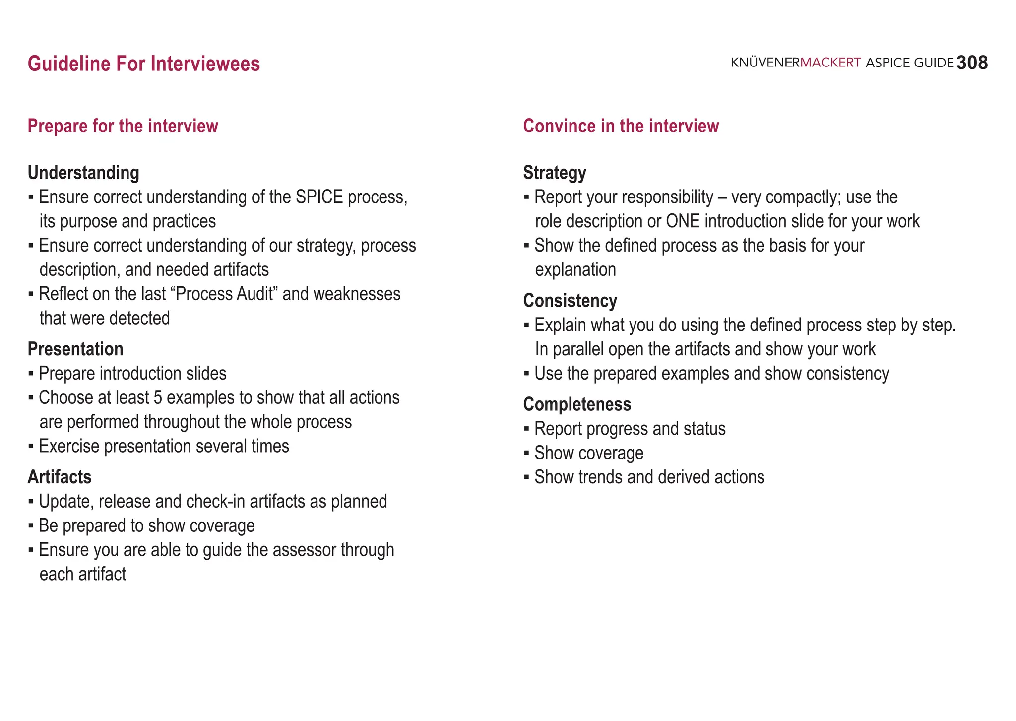 308
ASPICE GUIDE
Guideline For Interviewees
Understanding
▪ Ensure correct understanding of the SPICE process,
its purpose and practices
▪ Ensure correct understanding of our strategy, process
description, and needed artifacts
▪ Reflect on the last “Process Audit” and weaknesses
that were detected
Presentation
▪ Prepare introduction slides
▪ Choose at least 5 examples to show that all actions
are performed throughout the whole process
▪ Exercise presentation several times
Artifacts
▪ Update, release and check-in artifacts as planned
▪ Be prepared to show coverage
▪ Ensure you are able to guide the assessor through
each artifact
Prepare for the interview
Strategy
▪ Report your responsibility – very compactly; use the
role description or ONE introduction slide for your work
▪ Show the defined process as the basis for your
explanation
Consistency
▪ Explain what you do using the defined process step by step.
In parallel open the artifacts and show your work
▪ Use the prepared examples and show consistency
Completeness
▪ Report progress and status
▪ Show coverage
▪ Show trends and derived actions
Convince in the interview
 
