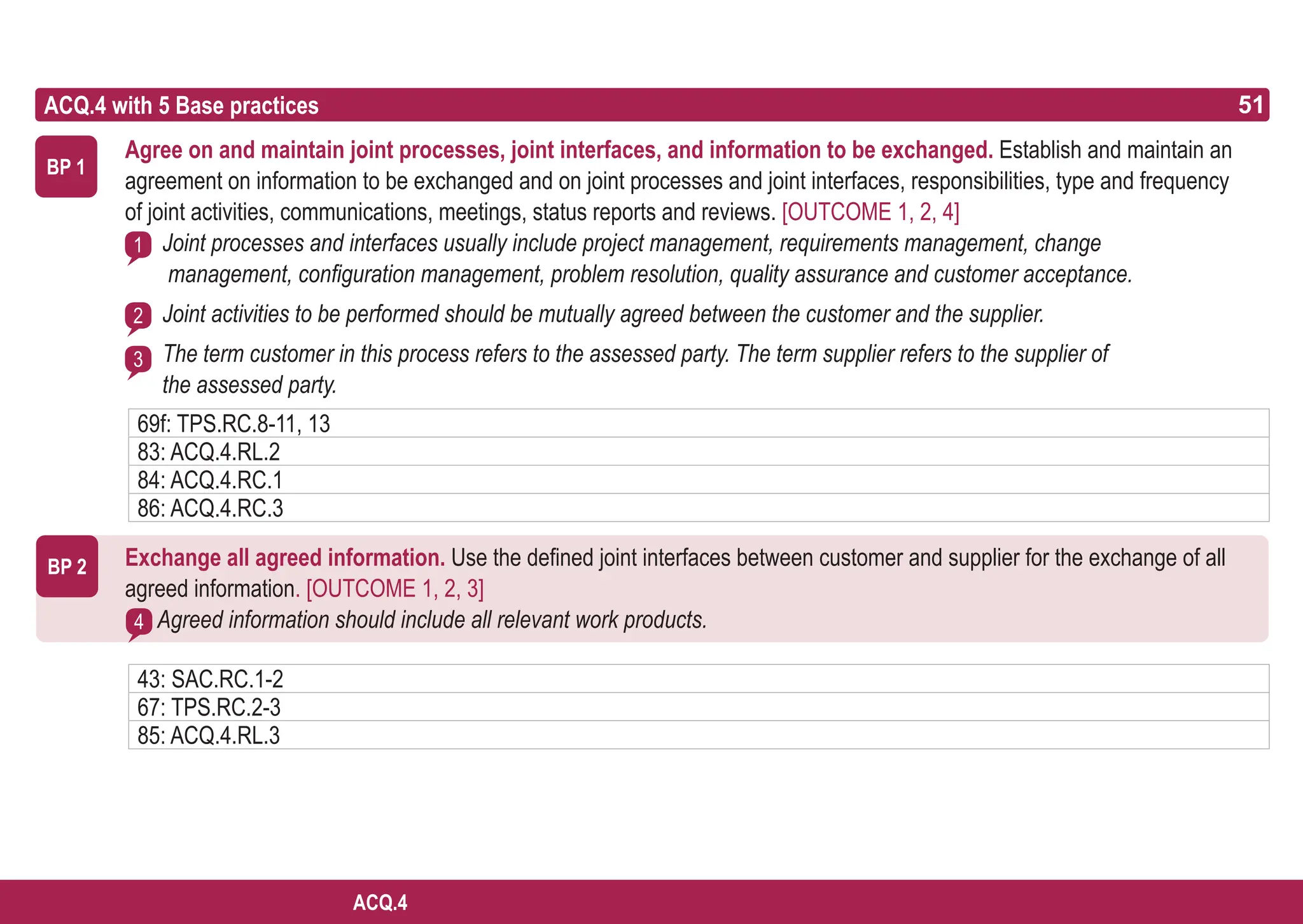 51
ASPICE GUIDE
ACQ.4 with 5 Base practices
BP 1
1
2
3
BP 2
4
51
ACQ.4
Agree on and maintain joint processes, joint interfaces, and information to be exchanged. Establish and maintain an
agreement on information to be exchanged and on joint processes and joint interfaces, responsibilities, type and frequency
of joint activities, communications, meetings, status reports and reviews. [OUTCOME 1, 2, 4]
Joint processes and interfaces usually include project management, requirements management, change
management, configuration management, problem resolution, quality assurance and customer acceptance.
Joint activities to be performed should be mutually agreed between the customer and the supplier.
The term customer in this process refers to the assessed party. The term supplier refers to the supplier of
the assessed party.
Exchange all agreed information. Use the defined joint interfaces between customer and supplier for the exchange of all
agreed information. [OUTCOME 1, 2, 3]
Agreed information should include all relevant work products.
69f: TPS.RC.8-11, 13
83: ACQ.4.RL.2
84: ACQ.4.RC.1
86: ACQ.4.RC.3
43: SAC.RC.1-2
67: TPS.RC.2-3
85: ACQ.4.RL.3
 