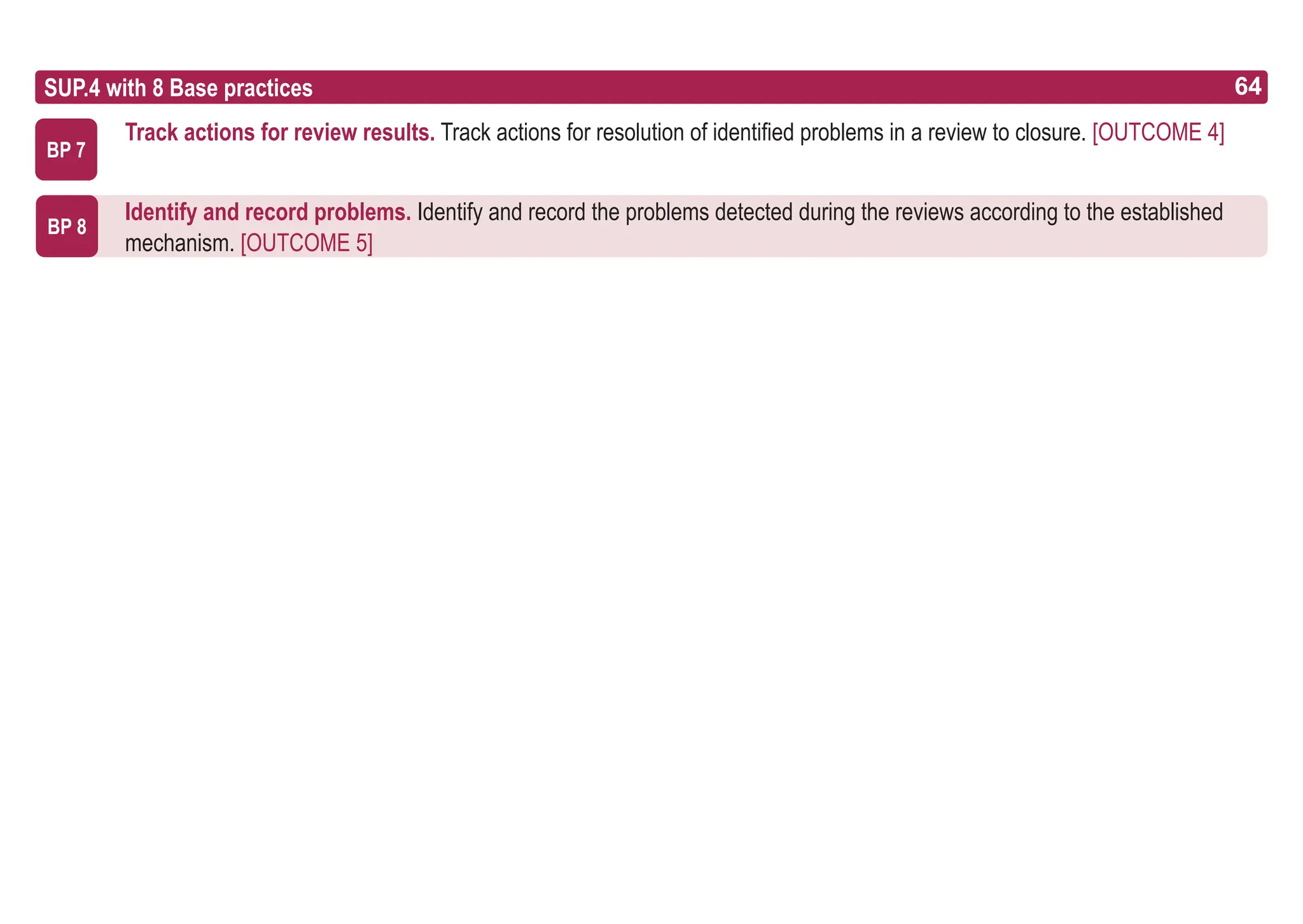 64
ASPICE GUIDE
SUP.4 with 8 Base practices
Track actions for review results. Track actions for resolution of identified problems in a review to closure. [OUTCOME 4]
Identify and record problems. Identify and record the problems detected during the reviews according to the established
mechanism. [OUTCOME 5]
BP 7
BP 8
64
 