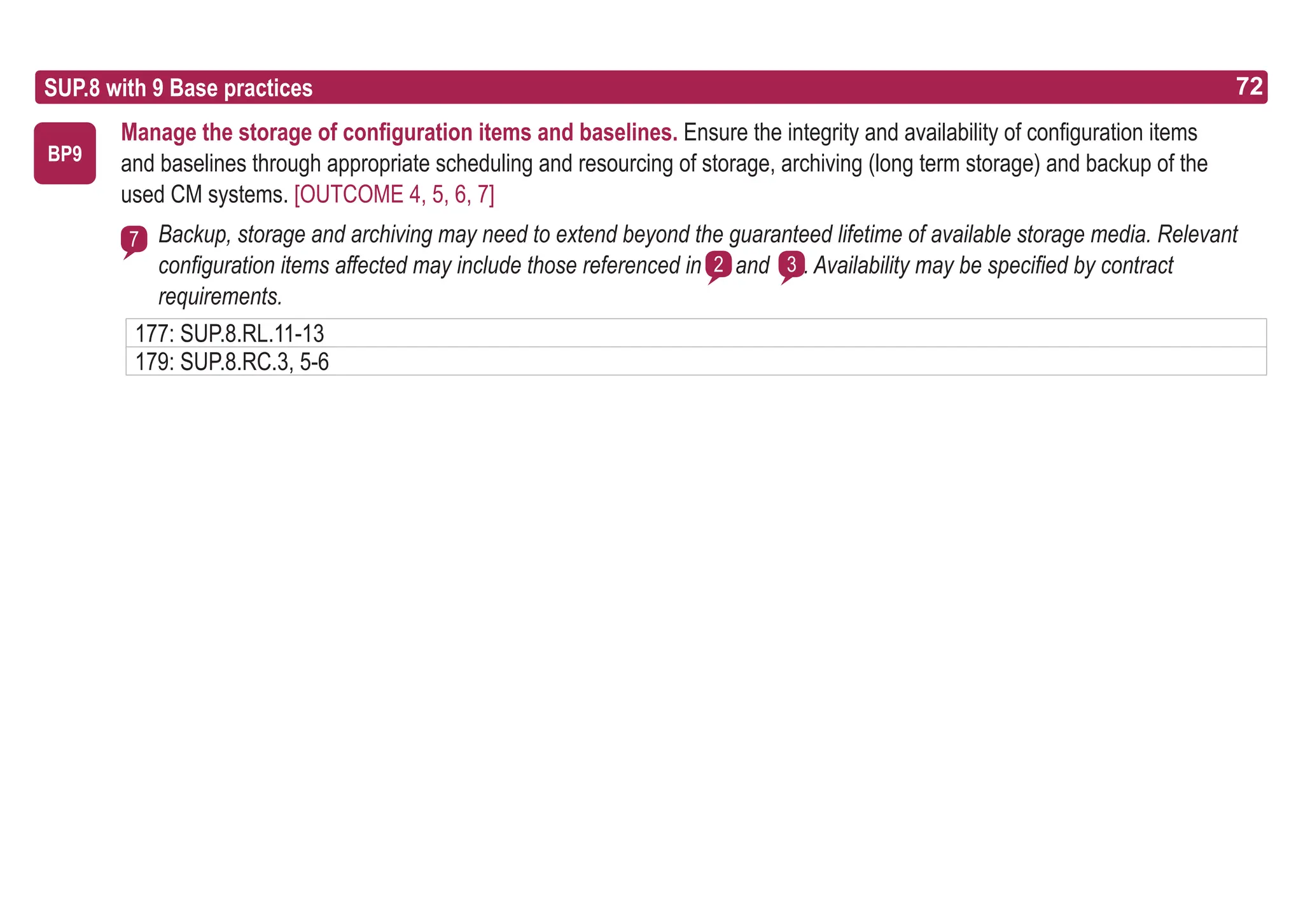 72
ASPICE GUIDE
Manage the storage of configuration items and baselines. Ensure the integrity and availability of configuration items
and baselines through appropriate scheduling and resourcing of storage, archiving (long term storage) and backup of the
used CM systems. [OUTCOME 4, 5, 6, 7]
Backup, storage and archiving may need to extend beyond the guaranteed lifetime of available storage media. Relevant
configuration items affected may include those referenced in and . Availability may be specified by contract
requirements.
7
BP9
2 3
SUP.8 with 9 Base practices 72
177: SUP.8.RL.11-13
179: SUP.8.RC.3, 5-6
 