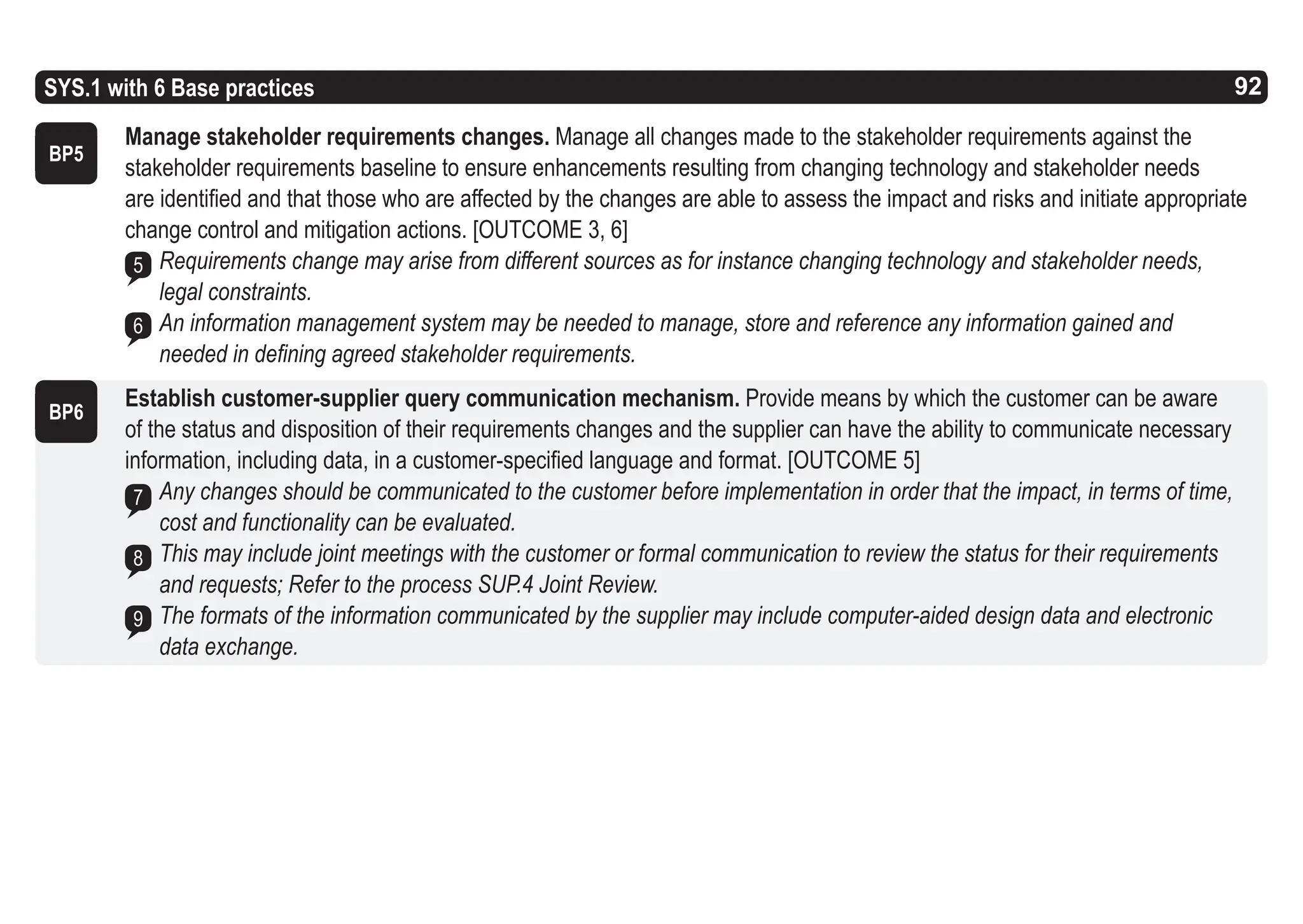92
ASPICE GUIDE
SYS.1 with 6 Base practices
Manage stakeholder requirements changes. Manage all changes made to the stakeholder requirements against the
stakeholder requirements baseline to ensure enhancements resulting from changing technology and stakeholder needs
are identified and that those who are affected by the changes are able to assess the impact and risks and initiate appropriate
change control and mitigation actions. [OUTCOME 3, 6]
Requirements change may arise from different sources as for instance changing technology and stakeholder needs,
legal constraints.
An information management system may be needed to manage, store and reference any information gained and
needed in defining agreed stakeholder requirements.
Establish customer-supplier query communication mechanism. Provide means by which the customer can be aware
of the status and disposition of their requirements changes and the supplier can have the ability to communicate necessary
information, including data, in a customer-specified language and format. [OUTCOME 5]
Any changes should be communicated to the customer before implementation in order that the impact, in terms of time,
cost and functionality can be evaluated.
This may include joint meetings with the customer or formal communication to review the status for their requirements
and requests; Refer to the process SUP.4 Joint Review.
The formats of the information communicated by the supplier may include computer-aided design data and electronic
data exchange.
BP5
5
6
BP6
7
8
9
92
 
