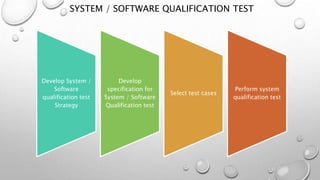 SYSTEM / SOFTWARE QUALIFICATION TEST
Develop System /
Software
qualification test
Strategy
Develop
specification for
System / Software
Qualification test
Select test cases
Perform system
qualification test
 
