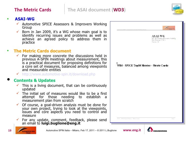 The Metrics Cards. A Balanced Set of Measures ISO/IEC 15504 compliant