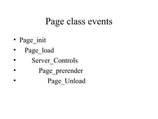 Page class events
• Page_init
• Page_load
• Server_Controls
• Page_prerender
• Page_Unload
 