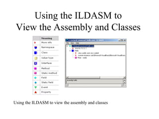 Using the ILDASM to
View the Assembly and Classes
Using the ILDASM to view the assembly and classes
 