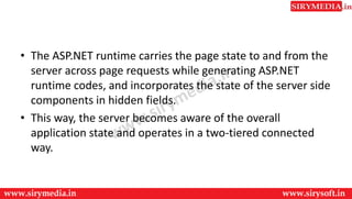 • The ASP.NET runtime carries the page state to and from the
server across page requests while generating ASP.NET
runtime codes, and incorporates the state of the server side
components in hidden fields.
• This way, the server becomes aware of the overall
application state and operates in a two-tiered connected
way.
 