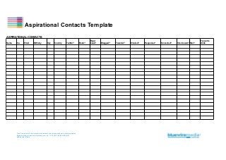 Aspirational Contacts Template
ASPIRATIONAL CONTACTS
Name

Co.

Email

Birthday

City

Country

Twitter?

Free Download at http://www.bluewiremedia.com.au/aspirational-contacts-template
Bluewire Media www.bluewiremedia.com.au/ 1300 258 394 (BLUEWIRE)
@Bluewire_Media

Book?

Read
book?

Blogged?

Tweeted?

Emailed?

Response?

Connected?

Interviewed? Met?

Favourite
Drink

 
