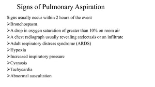Signs of Pulmonary Aspiration
Signs usually occur within 2 hours of the event
Bronchospasm
A drop in oxygen saturation of greater than 10% on room air
A chest radiograph usually revealing atelectasis or an infiltrate
Adult respiratory distress syndrome (ARDS)
Hypoxia
Increased inspiratory pressure
Cyanosis
Tachycardia
Abnormal auscultation
 