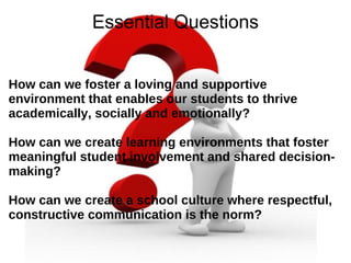 Essential Questions


How can we foster a loving and supportive
environment that enables our students to thrive
academically, socially and emotionally?

How can we create learning environments that foster
meaningful student involvement and shared decision-
making?
 
How can we create a school culture where respectful,
constructive communication is the norm?
 