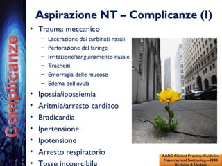 Aspirazione NT – Complicanze (I)
• Trauma meccanico
– Lacerazione dei turbinati nasali
– Perforazione del faringe
– Irritazione/sanguinamento nasale
– Tracheiti
– Emorragia delle mucose
– Edema dell’uvula
• Ipossia/ipossiemia
• Aritmie/arresto cardiaco
• Bradicardia
• Ipertensione
• Ipotensione
• Arresto respiratorio
•
AARC Clinical Practice Guideline
Nasotracheal Suctioning—2004
Revision & Update
 