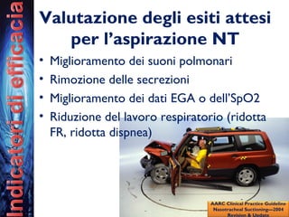 Valutazione degli esiti attesi
per l’aspirazione NT
• Miglioramento dei suoni polmonari
• Rimozione delle secrezioni
• Miglioramento dei dati EGA o dell’SpO2
• Riduzione del lavoro respiratorio (ridotta
FR, ridotta dispnea)
AARC Clinical Practice Guideline
Nasotracheal Suctioning—2004
Revision & Update
 