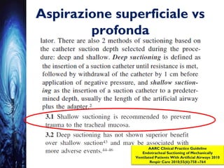 Aspirazione superficiale vs
profonda
AARC Clinical Practice Guideline
Endotracheal Suctioning of Mechanically
Ventilated Patients With Artificial Airways 2010
Respir Care 2010;55(6):758 –764
 
