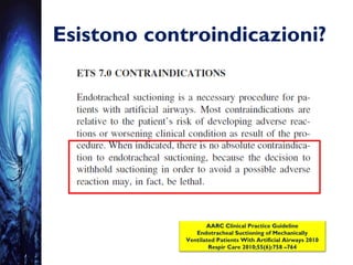 Esistono controindicazioni?
AARC Clinical Practice Guideline
Endotracheal Suctioning of Mechanically
Ventilated Patients With Artificial Airways 2010
Respir Care 2010;55(6):758 –764
 