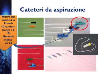 Cateteri da aspirazione
Misure dei
cateteri in
French
(Charrier).
(range 12-
16)
General-
mente
ch 14
 