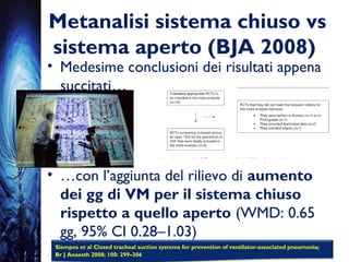 Metanalisi sistema chiuso vs
sistema aperto (BJA 2008)
• Medesime conclusioni dei risultati appena
succitati…
• …con l’aggiunta del rilievo di aumento
dei gg di VM per il sistema chiuso
rispetto a quello aperto (WMD: 0.65
gg, 95% CI 0.28–1.03)
Siempos et al Closed tracheal suction systems for prevention of ventilator-associated pneumonia;
Br J Anaesth 2008; 100: 299–306
 