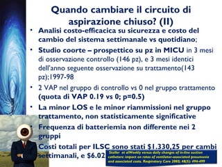 Quando cambiare il circuito di
aspirazione chiuso? (II)
• Analisi costo-efficacica su sicurezza e costo del
cambio del sistema settimanale vs quotidiano;
• Studio coorte – prospettico su pz in MICU in 3 mesi
di osservazione controllo (146 pz), e 3 mesi identici
dell’anno seguente osservazione su trattamento(143
pz);1997-98
• 2 VAP nel gruppo di controllo vs 0 nel gruppo trattamento
(quota di VAP 0.19 vs 0; p=0.5)
• La minor LOS e le minor riammissioni nel gruppo
trattamento, non statisticamente significative
• Frequenza di batteriemia non differente nei 2
gruppi
• Costi totali per ILSC sono stati $1.330,25 per cambi
settimanali, e $6.025,80 per cambi quotidiani
Stoller et alWeekly versus daily changes of in-line suction
catheters: impact on rates of ventilator-associated pneumonia
and associated costs. Respiratory Care 2003; 48(5): 494-499
 