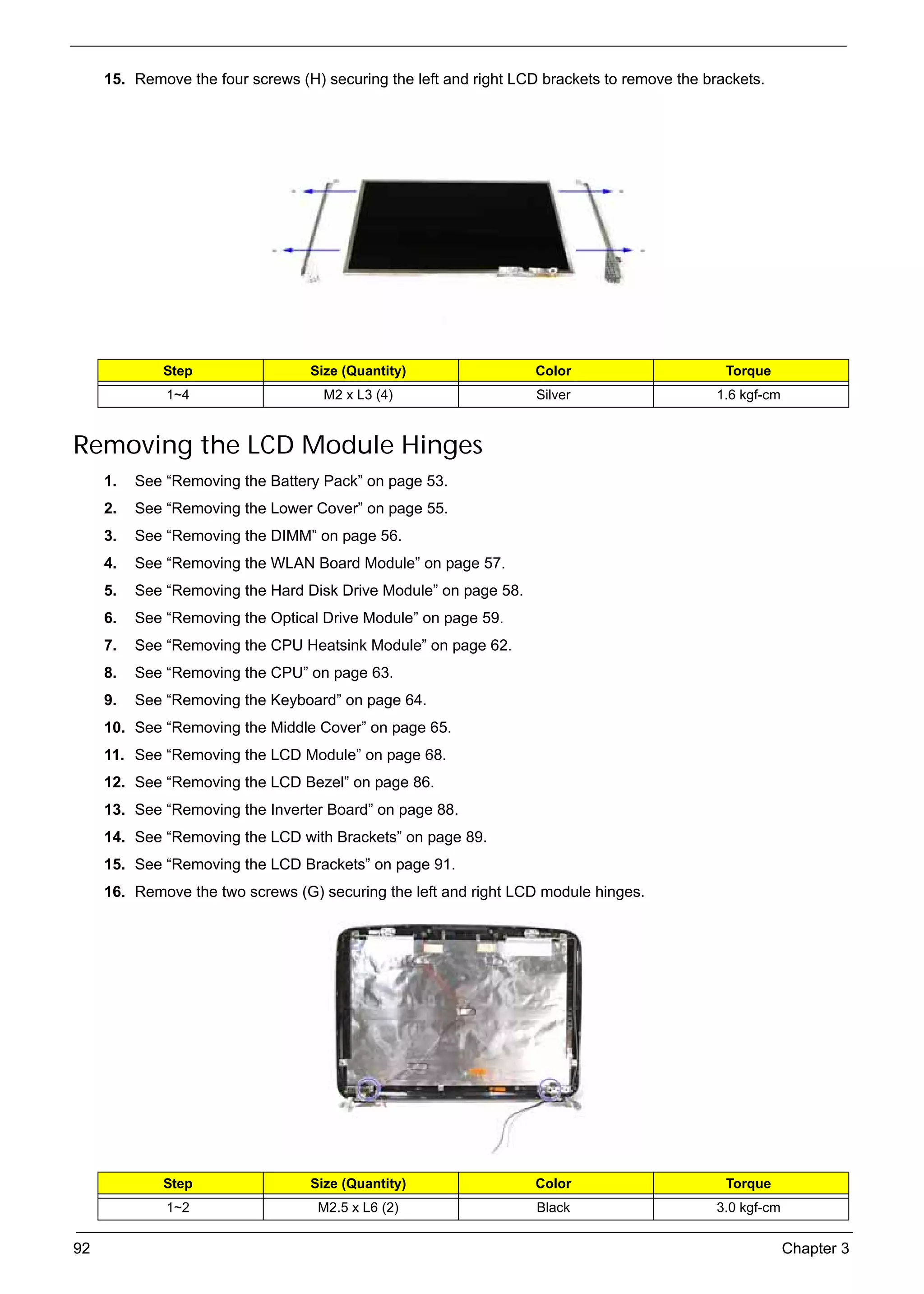 SG_Aspire4920_Book.book    Page 92   Monday, May 28, 2007   6:49 PM




          15. Remove the four screws (H) securing the left and right LCD brackets to remove the brackets.




                    Step                        Size (Quantity)         Color                      Torque
                     1~4                          M2 x L3 (4)           Silver                    1.6 kgf-cm


     Removing the LCD Module Hinges
          1.   See “Removing the Battery Pack” on page 53.
          2.   See “Removing the Lower Cover” on page 55.
          3.   See “Removing the DIMM” on page 56.
          4.   See “Removing the WLAN Board Module” on page 57.
          5.   See “Removing the Hard Disk Drive Module” on page 58.
          6.   See “Removing the Optical Drive Module” on page 59.
          7.   See “Removing the CPU Heatsink Module” on page 62.
          8.   See “Removing the CPU” on page 63.
          9.   See “Removing the Keyboard” on page 64.
          10. See “Removing the Middle Cover” on page 65.
          11. See “Removing the LCD Module” on page 68.
          12. See “Removing the LCD Bezel” on page 86.
          13. See “Removing the Inverter Board” on page 88.
          14. See “Removing the LCD with Brackets” on page 89.
          15. See “Removing the LCD Brackets” on page 91.
          16. Remove the two screws (G) securing the left and right LCD module hinges.




                    Step                        Size (Quantity)         Color                      Torque
                     1~2                         M2.5 x L6 (2)          Black                     3.0 kgf-cm


     92                                                                                                        Chapter 3
 