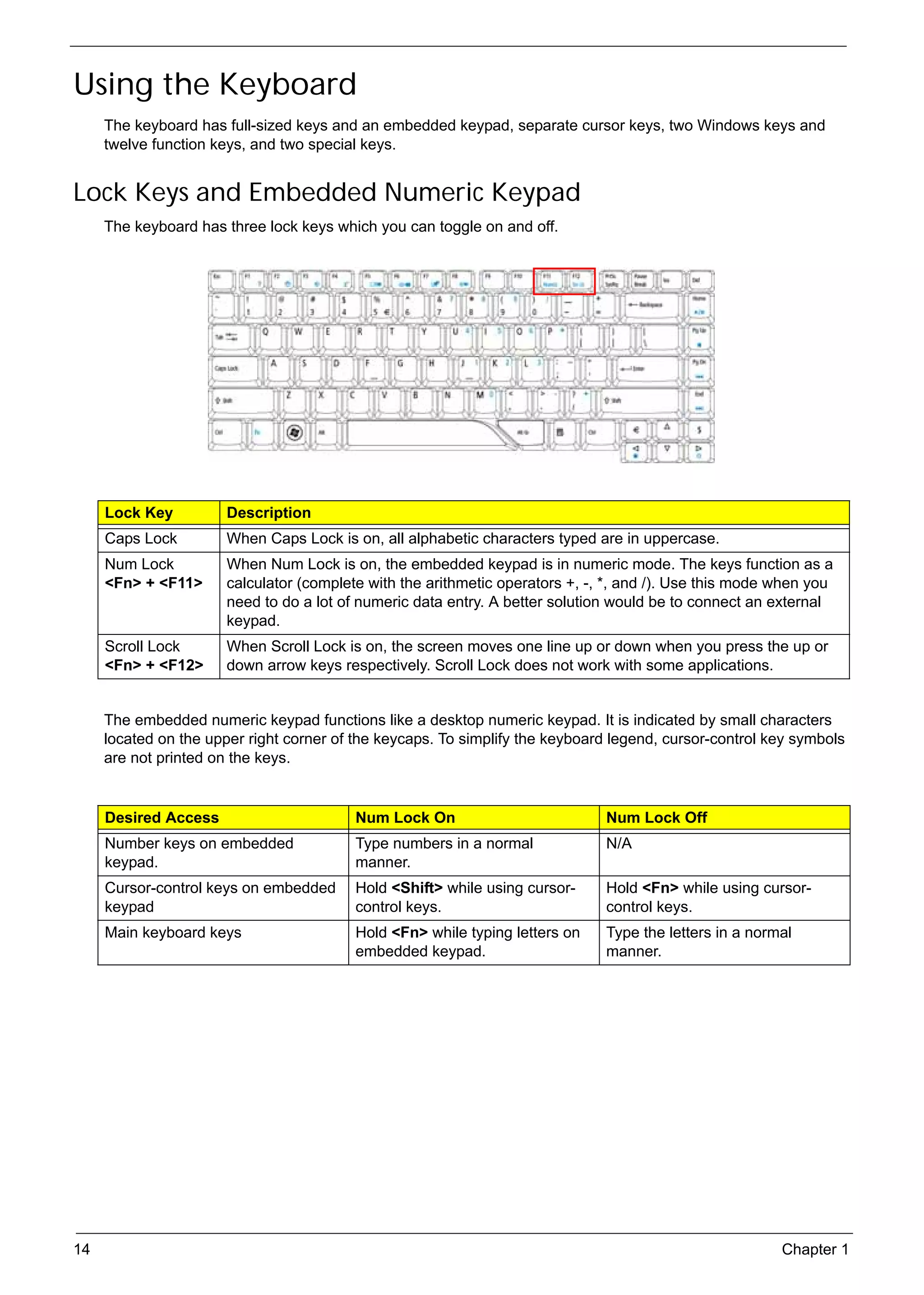 SG_Aspire4920_Book.book   Page 14   Monday, May 28, 2007   6:49 PM




     Using the Keyboard
          The keyboard has full-sized keys and an embedded keypad, separate cursor keys, two Windows keys and
          twelve function keys, and two special keys.


     Lock Keys and Embedded Numeric Keypad
          The keyboard has three lock keys which you can toggle on and off.




          Lock Key              Description
          Caps Lock             When Caps Lock is on, all alphabetic characters typed are in uppercase.
          Num Lock              When Num Lock is on, the embedded keypad is in numeric mode. The keys function as a
          <Fn> + <F11>          calculator (complete with the arithmetic operators +, -, *, and /). Use this mode when you
                                need to do a lot of numeric data entry. A better solution would be to connect an external
                                keypad.
          Scroll Lock           When Scroll Lock is on, the screen moves one line up or down when you press the up or
          <Fn> + <F12>          down arrow keys respectively. Scroll Lock does not work with some applications.


          The embedded numeric keypad functions like a desktop numeric keypad. It is indicated by small characters
          located on the upper right corner of the keycaps. To simplify the keyboard legend, cursor-control key symbols
          are not printed on the keys.


          Desired Access                              Num Lock On                         Num Lock Off
          Number keys on embedded                     Type numbers in a normal            N/A
          keypad.                                     manner.
          Cursor-control keys on embedded             Hold <Shift> while using cursor-    Hold <Fn> while using cursor-
          keypad                                      control keys.                       control keys.
          Main keyboard keys                          Hold <Fn> while typing letters on   Type the letters in a normal
                                                      embedded keypad.                    manner.




     14                                                                                                             Chapter 1
 