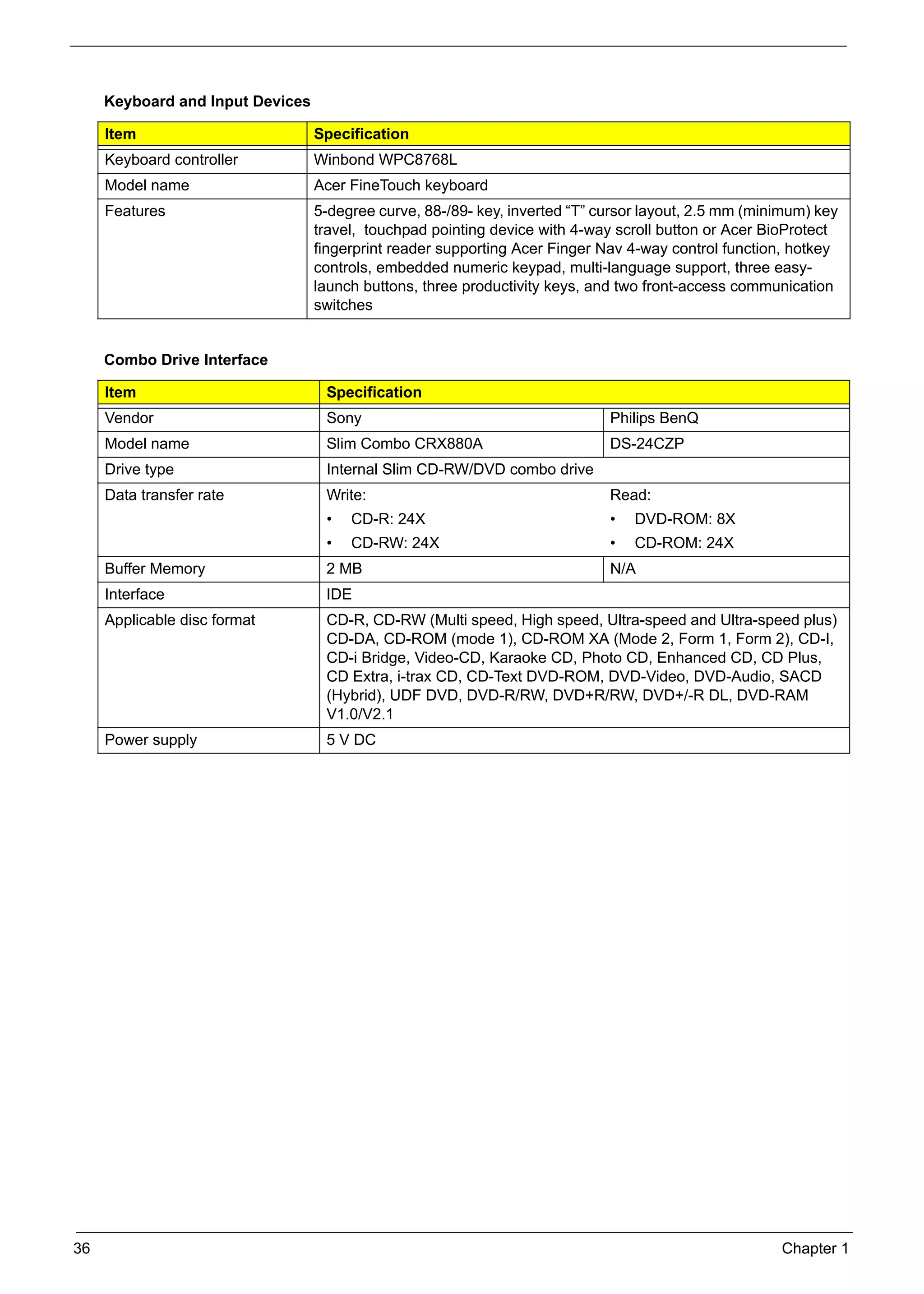 SG_Aspire4920_Book.book   Page 36   Monday, May 28, 2007   6:49 PM




          Keyboard and Input Devices

          Item                                 Specification
          Keyboard controller                  Winbond WPC8768L
          Model name                           Acer FineTouch keyboard
          Features                             5-degree curve, 88-/89- key, inverted “T” cursor layout, 2.5 mm (minimum) key
                                               travel, touchpad pointing device with 4-way scroll button or Acer BioProtect
                                               fingerprint reader supporting Acer Finger Nav 4-way control function, hotkey
                                               controls, embedded numeric keypad, multi-language support, three easy-
                                               launch buttons, three productivity keys, and two front-access communication
                                               switches


          Combo Drive Interface

          Item                                   Specification
          Vendor                                 Sony                                     Philips BenQ
          Model name                             Slim Combo CRX880A                       DS-24CZP
          Drive type                             Internal Slim CD-RW/DVD combo drive
          Data transfer rate                     Write:                                   Read:
                                                 •   CD-R: 24X                            •   DVD-ROM: 8X
                                                 •   CD-RW: 24X                           •   CD-ROM: 24X
          Buffer Memory                          2 MB                                     N/A
          Interface                              IDE
          Applicable disc format                 CD-R, CD-RW (Multi speed, High speed, Ultra-speed and Ultra-speed plus)
                                                 CD-DA, CD-ROM (mode 1), CD-ROM XA (Mode 2, Form 1, Form 2), CD-I,
                                                 CD-i Bridge, Video-CD, Karaoke CD, Photo CD, Enhanced CD, CD Plus,
                                                 CD Extra, i-trax CD, CD-Text DVD-ROM, DVD-Video, DVD-Audio, SACD
                                                 (Hybrid), UDF DVD, DVD-R/RW, DVD+R/RW, DVD+/-R DL, DVD-RAM
                                                 V1.0/V2.1
          Power supply                           5 V DC




     36                                                                                                            Chapter 1
 