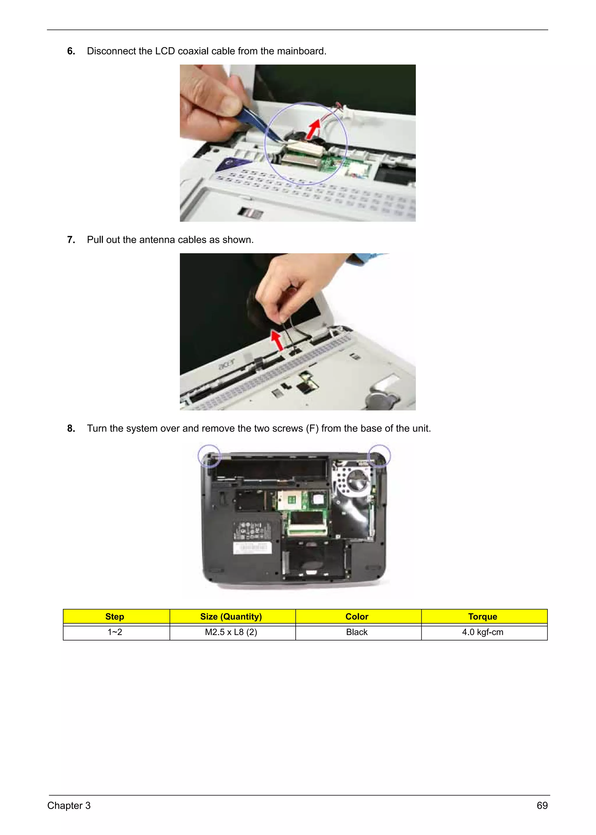 SG_Aspire4920_Book.book    Page 69   Monday, May 28, 2007   6:49 PM




          6.   Disconnect the LCD coaxial cable from the mainboard.




          7.   Pull out the antenna cables as shown.




          8.   Turn the system over and remove the two screws (F) from the base of the unit.




                    Step                        Size (Quantity)         Color                   Torque
                     1~2                         M2.5 x L8 (2)          Black                  4.0 kgf-cm




     Chapter 3                                                                                              69
 