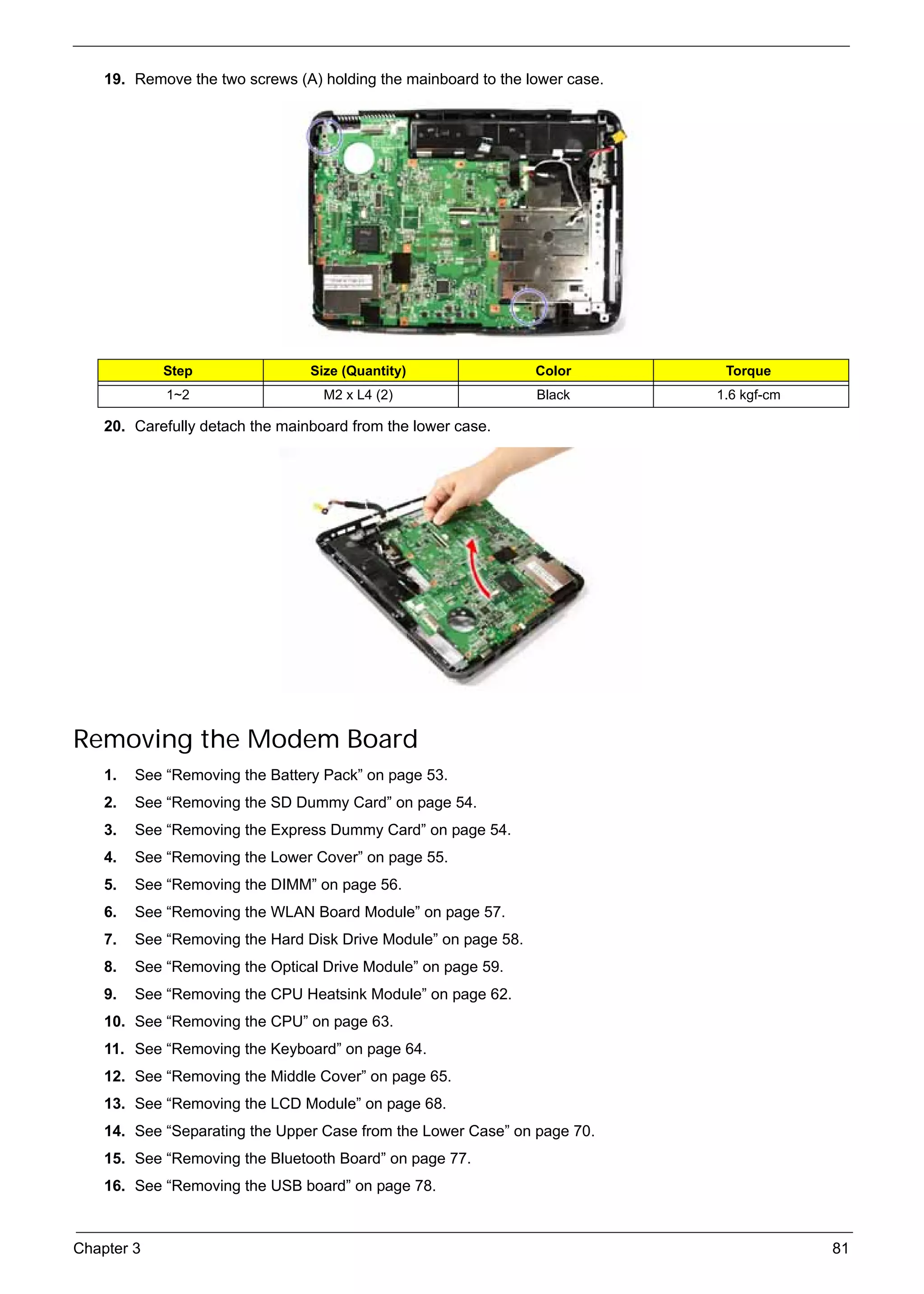 SG_Aspire4920_Book.book    Page 81   Monday, May 28, 2007   6:49 PM




          19. Remove the two screws (A) holding the mainboard to the lower case.




                    Step                        Size (Quantity)        Color        Torque
                     1~2                          M2 x L4 (2)          Black       1.6 kgf-cm

          20. Carefully detach the mainboard from the lower case.




     Removing the Modem Board
          1.   See “Removing the Battery Pack” on page 53.
          2.   See “Removing the SD Dummy Card” on page 54.
          3.   See “Removing the Express Dummy Card” on page 54.
          4.   See “Removing the Lower Cover” on page 55.
          5.   See “Removing the DIMM” on page 56.
          6.   See “Removing the WLAN Board Module” on page 57.
          7.   See “Removing the Hard Disk Drive Module” on page 58.
          8.   See “Removing the Optical Drive Module” on page 59.
          9.   See “Removing the CPU Heatsink Module” on page 62.
          10. See “Removing the CPU” on page 63.
          11. See “Removing the Keyboard” on page 64.
          12. See “Removing the Middle Cover” on page 65.
          13. See “Removing the LCD Module” on page 68.
          14. See “Separating the Upper Case from the Lower Case” on page 70.
          15. See “Removing the Bluetooth Board” on page 77.
          16. See “Removing the USB board” on page 78.



     Chapter 3                                                                                  81
 