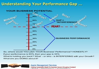 Understanding Your Performance Gap ... FEAR? Marketing? Confidence? Team? Time? Blame? Cash Flow? Sales? Skills? Beliefs? 
