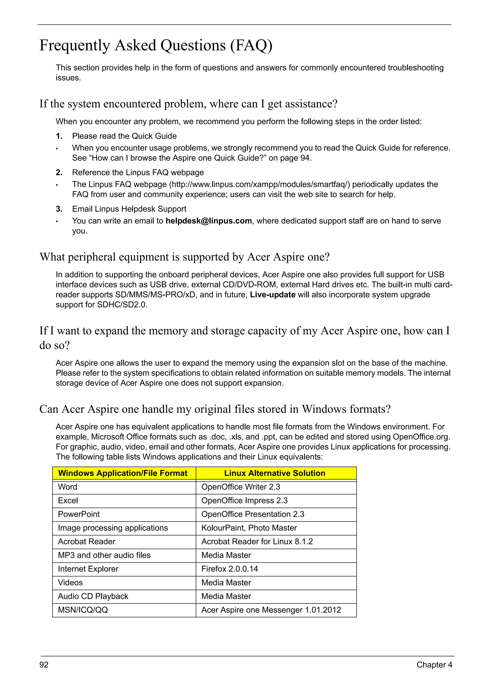 92 Chapter 4
Frequently Asked Questions (FAQ)
This section provides help in the form of questions and answers for commonly encountered troubleshooting
issues.
If the system encountered problem, where can I get assistance?
When you encounter any problem, we recommend you perform the following steps in the order listed:
1. Please read the Quick Guide
• When you encounter usage problems, we strongly recommend you to read the Quick Guide for reference.
See “How can I browse the Aspire one Quick Guide?” on page 94.
2. Reference the Linpus FAQ webpage
• The Linpus FAQ webpage (http://www.linpus.com/xampp/modules/smartfaq/) periodically updates the
FAQ from user and community experience; users can visit the web site to search for help.
3. Email Linpus Helpdesk Support
• You can write an email to helpdesk@linpus.com, where dedicated support staff are on hand to serve
you.
What peripheral equipment is supported by Acer Aspire one?
In addition to supporting the onboard peripheral devices, Acer Aspire one also provides full support for USB
interface devices such as USB drive, external CD/DVD-ROM, external Hard drives etc. The built-in multi card-
reader supports SD/MMS/MS-PRO/xD, and in future, Live-update will also incorporate system upgrade
support for SDHC/SD2.0.
If I want to expand the memory and storage capacity of my Acer Aspire one, how can I
do so?
Acer Aspire one allows the user to expand the memory using the expansion slot on the base of the machine.
Please refer to the system specifications to obtain related information on suitable memory models. The internal
storage device of Acer Aspire one does not support expansion.
Can Acer Aspire one handle my original files stored in Windows formats?
Acer Aspire one has equivalent applications to handle most file formats from the Windows environment. For
example, Microsoft Office formats such as .doc, .xls, and .ppt, can be edited and stored using OpenOffice.org.
For graphic, audio, video, email and other formats, Acer Aspire one provides Linux applications for processing.
The following table lists Windows applications and their Linux equivalents:
Windows Application/File Format Linux Alternative Solution
Word OpenOffice Writer 2.3
Excel OpenOffice Impress 2.3
PowerPoint OpenOffice Presentation 2.3
Image processing applications KolourPaint, Photo Master
Acrobat Reader Acrobat Reader for Linux 8.1.2
MP3 and other audio files Media Master
Internet Explorer Firefox 2.0.0.14
Videos Media Master
Audio CD Playback Media Master
MSN/ICQ/QQ Acer Aspire one Messenger 1.01.2012