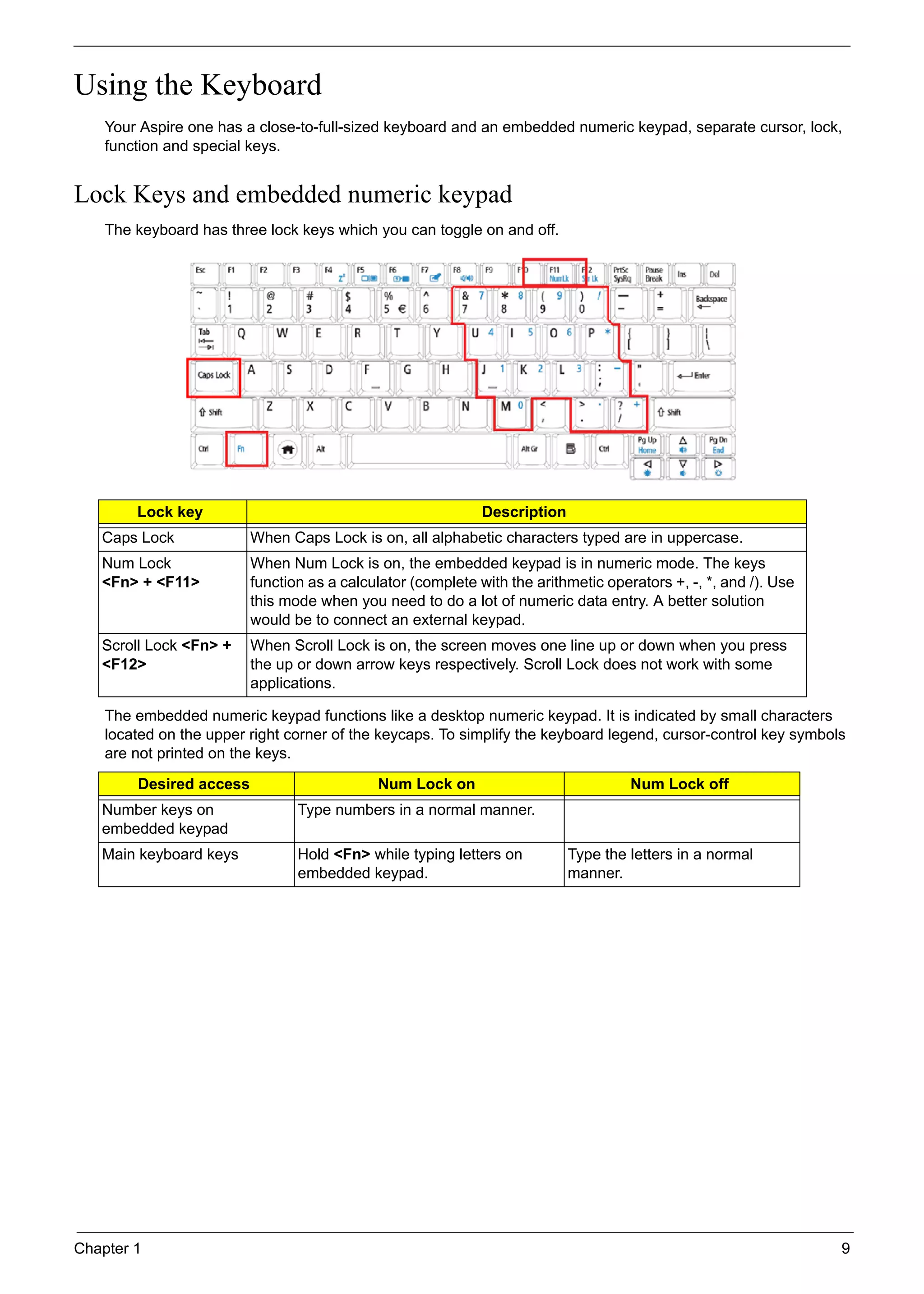 Chapter 1 9
Using the Keyboard
Your Aspire one has a close-to-full-sized keyboard and an embedded numeric keypad, separate cursor, lock,
function and special keys.
Lock Keys and embedded numeric keypad
The keyboard has three lock keys which you can toggle on and off.
The embedded numeric keypad functions like a desktop numeric keypad. It is indicated by small characters
located on the upper right corner of the keycaps. To simplify the keyboard legend, cursor-control key symbols
are not printed on the keys.
Lock key Description
Caps Lock When Caps Lock is on, all alphabetic characters typed are in uppercase.
Num Lock
<Fn> + <F11>
When Num Lock is on, the embedded keypad is in numeric mode. The keys
function as a calculator (complete with the arithmetic operators +, -, *, and /). Use
this mode when you need to do a lot of numeric data entry. A better solution
would be to connect an external keypad.
Scroll Lock <Fn> +
<F12>
When Scroll Lock is on, the screen moves one line up or down when you press
the up or down arrow keys respectively. Scroll Lock does not work with some
applications.
Desired access Num Lock on Num Lock off
Number keys on
embedded keypad
Type numbers in a normal manner.
Main keyboard keys Hold <Fn> while typing letters on
embedded keypad.
Type the letters in a normal
manner.