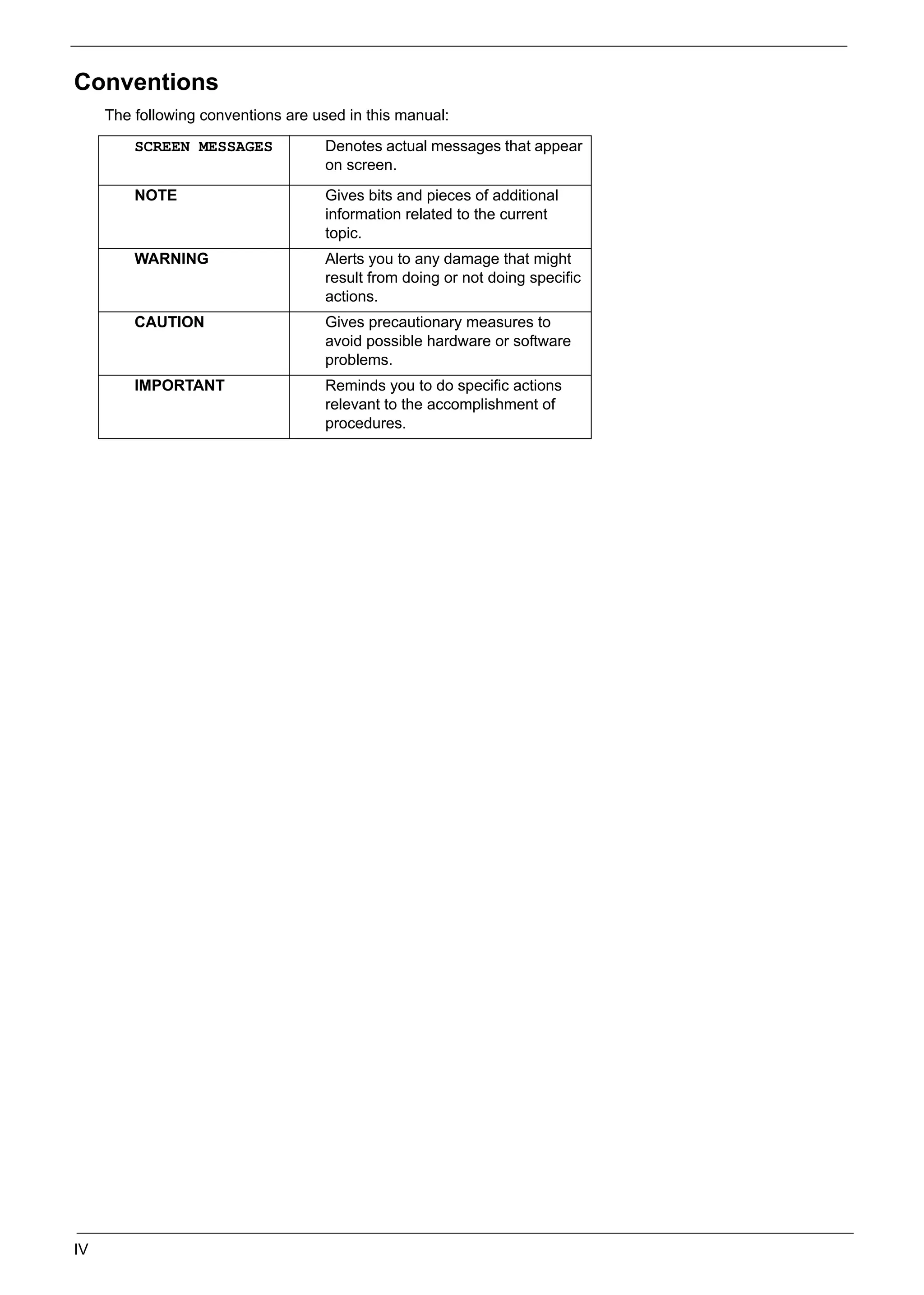 IV
Conventions
The following conventions are used in this manual:
SCREEN MESSAGES Denotes actual messages that appear
on screen.
NOTE Gives bits and pieces of additional
information related to the current
topic.
WARNING Alerts you to any damage that might
result from doing or not doing specific
actions.
CAUTION Gives precautionary measures to
avoid possible hardware or software
problems.
IMPORTANT Reminds you to do specific actions
relevant to the accomplishment of
procedures.