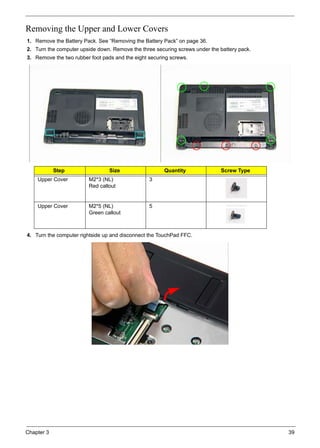 Chapter 3 39
Removing the Upper and Lower Covers
1. Remove the Battery Pack. See “Removing the Battery Pack” on page 36.
2. Turn the computer upside down. Remove the three securing screws under the battery pack.
3. Remove the two rubber foot pads and the eight securing screws.
4. Turn the computer rightside up and disconnect the TouchPad FFC.
Step Size Quantity Screw Type
Upper Cover M2*3 (NL)
Red callout
3
Upper Cover M2*5 (NL)
Green callout
5
 