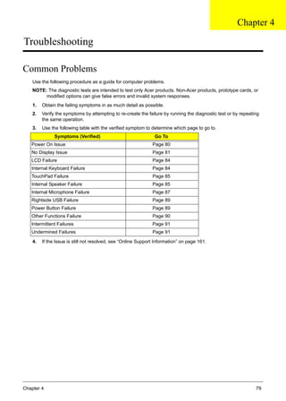 Chapter 4 79
Troubleshooting
Common Problems
Use the following procedure as a guide for computer problems.
NOTE: The diagnostic tests are intended to test only Acer products. Non-Acer products, prototype cards, or
modified options can give false errors and invalid system responses.
1. Obtain the failing symptoms in as much detail as possible.
2. Verify the symptoms by attempting to re-create the failure by running the diagnostic test or by repeating
the same operation.
3. Use the following table with the verified symptom to determine which page to go to.
4. If the Issue is still not resolved, see “Online Support Information” on page 161.
Symptoms (Verified) Go To
Power On Issue Page 80
No Display Issue Page 81
LCD Failure Page 84
Internal Keyboard Failure Page 84
TouchPad Failure Page 85
Internal Speaker Failure Page 85
Internal Microphone Failure Page 87
Rightside USB Failure Page 89
Power Button Failure Page 89
Other Functions Failure Page 90
Intermittent Failures Page 91
Undermined Failures Page 91
Chapter 4
 