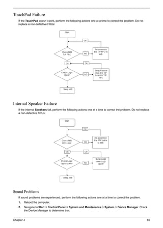 Chapter 4 85
TouchPad Failure
If the TouchPad doesn’t work, perform the following actions one at a time to correct the problem. Do not
replace a non-defective FRUs:
Internal Speaker Failure
If the internal Speakers fail, perform the following actions one at a time to correct the problem. Do not replace
a non-defective FRUs:
Sound Problems
If sound problems are experienced, perform the following actions one at a time to correct the problem.
1. Reboot the computer.
2. Navigate to Start Control Panel System and Maintenance System Device Manager. Check
the Device Manager to determine that:
 