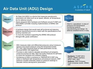 ADU measures static and differential pressures using 2 pressure sensors and impact pressure using the temperature probe (PT-100). ADU transmits these air data parameters via two identical ARINC 429 digital lines.  Provision is also made to calculate according to pin-program, correct & incorrect air data. ADU has built-in features for self tests to check the hardware and software integrity. Architecture of ADU is centered on TMS320F2812 DSP chip, which is interfaced with temperature and pressure sensors. DSP performs complex arithmetic based on pressure readings to calculate various aerodynamic parameters A hardware design that would meet all functional and statutory defense requirements so as to match with the specifications of an existing imported unit. To have the hardware supporting the ARINC 429 protocol.  Stringent MIL grade certification.  Hardware :  TI DSP 2812, RS232, ARINC interface, GPIO, DAC, ADC Software :  DSP Firmware, Code composer studio, ARINC 429 Client is  specialized  in area of pressure and temperature monitoring systems, manufacturing and design  for defense establishments in India.  Air Data Unit (ADU) Design SOLUTION PROJECT Air Data Unit (ADU) is a device that measures aerodynamic parameters (air data) such as air speed, altitude, air temperature  etc for defense industry Aspire designed ADU hardware and Software around TI DSP and Holt ARINC controller including implementation of ARINC 429 protocol CHALLENGE Environment The Client 
