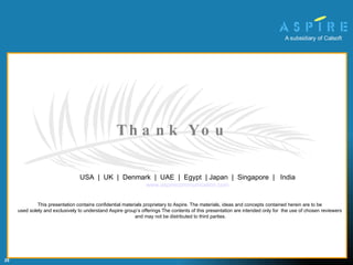 This presentation contains confidential materials proprietary to Aspire. The materials, ideas and concepts contained herein are to be  used solely and exclusively to understand Aspire group’s offerings The contents of this presentation are intended only for  the use of chosen reviewers  and may not be distributed to third parties. Thank You USA  |  UK  |  Denmark  |  UAE  |  Egypt  | Japan  |  Singapore  |  India www.aspirecommunication.com 