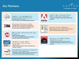 Our Partners Strategic Partner of Ixia Established an Ixia Center of Excellence in Chennai, India  with latest Ixia test equipment 5 year product development contract  Aspire – a subsidiary of Calsoft labs is Renesas Platinum Partner First in India to be accorded platinum partner Microchip Authorized Design Partner Receives priority support Can provide complete solutions on Microchip products quickly and inexpensively Member of the Intel Consumer Electronics Network. Offer s Intel customers custom hardware and software solutions Distribution and development partner for Phoenix Distribution and development partner for Phoenix’s entire line of BIOS system software products Adobe Macromedia Flash Player licensee Partner Access to the latest Adobe Macromedia Flash products Partner in the Windows Embedded Partner Program   Also a Microsoft Gold certified Partner Member of TI DSP Third Party Network Engineering services that help customers accelerate development efforts and cut time-to-market. 