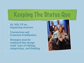 Keeping The Status Quo
SA. MH, CP etc .
Organizing structure
Unconscious and
Conscious Gratification
Strategies must be
employed that change
usual ways of relating,
categorizing , and thinking
 