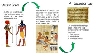 • Antiguo Egipto Antecedentes
El dolor era percibido para
esta sociedad, como un
castigo de los dioses
Sekhament y Seth.
Consideraban el orificio nasal
izquierdo y los oídos como las
vías de entrada de la
enfermedad y de la muerte,
con lo que el tratamiento obvio
era purgar dicho "dolor" a
través de esas vías.
Las civilizaciones del antiguo
Egipto (1000-1500 a.C.)
comenzaron a usar narcóticos
vegetales:
• Adormidera
• Mandrágora
• Cannabis (hachís)
 