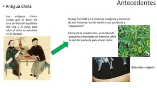 • Antigua China
Antecedentes
Los antiguos chinos
creían que el dolor era
una pérdida del equilibrio
del ying y el yang, para
ellos el dolor se asentaba
en el corazón.
Artemisia vulgaris
Huang Ti (2.600 a.C.) producía analgesia y anestesia
de dos maneras: dando hachís a sus pacientes y
"acupuntura”
Comenzó la moxibustion, encendiendo
pequeñas cantidades de artemisa sobre
la piel del paciente para aliviar dolor.
 