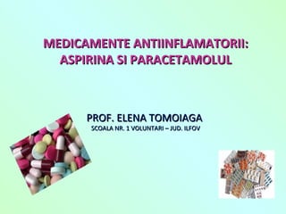 MEDICAMENTE ANTIINFLAMATORII:MEDICAMENTE ANTIINFLAMATORII:
ASPIRINA SI PARACETAMOLULASPIRINA SI PARACETAMOLUL
PROF. ELENA TOMOIAGAPROF. ELENA TOMOIAGA
SCOALA NR. 1 VOLUNTARI – JUD. ILFOVSCOALA NR. 1 VOLUNTARI – JUD. ILFOV
 