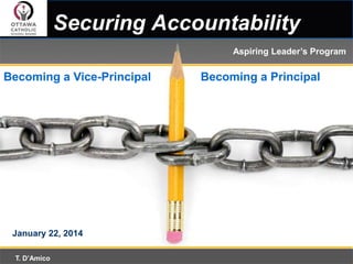 Securing Accountability
Aspiring Leader’s Program

Becoming a Vice-Principal

January 22, 2014
T. D’Amico

Becoming a Principal

 