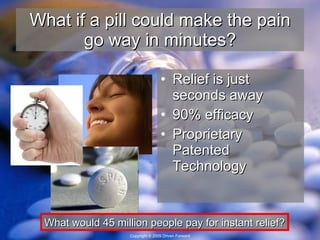 What if a pill could make the pain go way in minutes? Relief is just seconds away 90% efficacy Proprietary Patented Technology What would 45 million people pay for instant relief? 