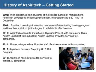 History of Aspiritech – Getting Started
2008: With assistance from students at the Kellogg School of Management,
Aspiritech develops its initial business model. Incorporates as a 501(c)(3) in
December.
2009: Aspiritech develops innovative hands-on software testing training program
and launches a pilot project in August to validate its effectiveness.

2010: Aspiritech opens its first office in Highland Park, IL with six testers. Hires
Autism Specialist with support of Autism Speaks. Provides services to 4
companies.
2011: Moves to larger office. Doubles staff. Provide services to 5 companies.
2012: Aspiritech develops Stepping Up & Out
Program.
2013: Aspiritech has now provided services to
almost 30 companies

3

 
