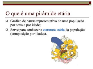 O que é uma pirâmide etária Gráfico de barras representativo de uma população por sexo e por idade; Serve para conhecer a  estrutura etária  da população (composição por idades). 