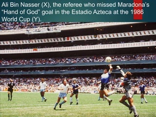 Ali Bin Nasser (X), the referee who missed Maradona’s
“Hand of God” goal in the Estadio Azteca at the 1986
World Cup (Y).
 