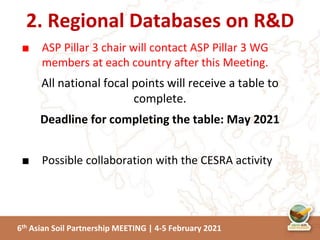 6th Asian Soil Partnership MEETING | 4-5 February 2021
2. Regional Databases on R&D
■ ASP Pillar 3 chair will contact ASP Pillar 3 WG
members at each country after this Meeting.
All national focal points will receive a table to
complete.
Deadline for completing the table: May 2021
■ Possible collaboration with the CESRA activity
 