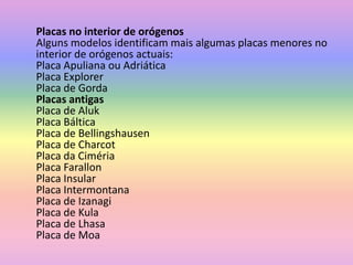 Placas no interior de orógenosAlguns modelos identificam mais algumas placas menores no interior de orógenos actuais:Placa Apulianaou Adriática Placa Explorer Placa de Gorda Placas antigasPlaca de AlukPlaca Báltica Placa de BellingshausenPlaca de CharcotPlaca da CimériaPlaca FarallonPlaca Insular Placa IntermontanaPlaca de IzanagiPlaca de KulaPlaca de LhasaPlaca de Moa 