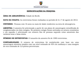 ESPECIFICAÇÕES DA PESQUISA

ÁREA DE ABRANGÊNCIA: Cidade do Recife.

DATA DA COLETA: As entrevistas foram realizadas no período de 6 e 7 de agosto de 2012.

UNIVERSO: Pessoas com 16 anos ou mais de idade residentes na área de abrangência.

AMOSTRA: A amostra foi selecionada a partir de um plano de amostragem estratificada de
conglomerados em dois estágios. No primeiro estágio foram sorteados os setores censitários
e em seguida é selecionado um número fixo de pessoas segundo cotas amostrais das
variáveis sexo e faixa etária.

NÚMERO DE ENTREVISTAS: O tamanho da amostra foi de 1080 entrevistas.

CONFIABILIDADE: O número de entrevistas foi estabelecido com base em uma
amostragem aleatória simples com um nível estimado de 95% de confiança e uma margem
de erro estimada de 3,0 pontos percentuais.
 
